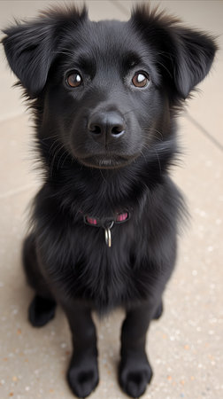 A small black dog rests on a tile floor, looking alert and attentive.の素材