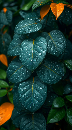 Close-up image of fresh green leaves with water drops glistening in natural light.の素材