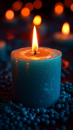 A close-up view of a single, illuminated candle resting on a table.の素材