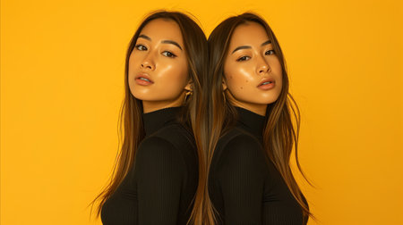 A woman with long hair posing in front of a vibrant yellow background.の素材
