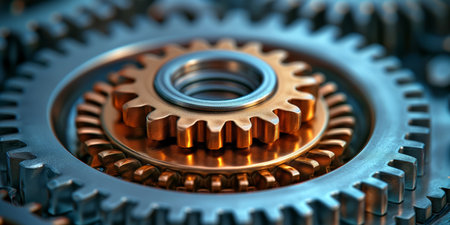 High-resolution image showcasing a detailed view of interlocking metal gears, symbolizing concepts of mechanical engineering, precision, and industrial machinery.の素材