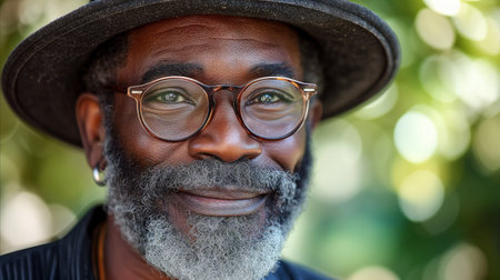 A person close-up wearing a hat and glasses.の素材