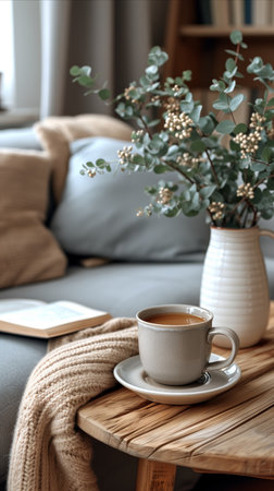 A cup of coffee sits beside a vase of flowers on a table.の素材