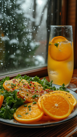 A simple and nourishing plate of food featuring oranges and a refreshing glass of water.の素材