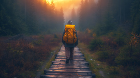 A person walks down a path surrounded by trees and foliage in a serene woods setting.の素材