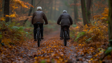 Two individuals are seen riding bicycles on a scenic trail surrounded by trees in a forested area.の素材