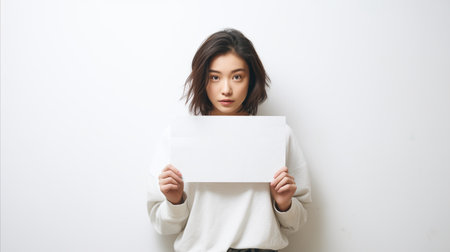 A woman holds up a white piece of paper, suitable for display or writing purposes.の素材