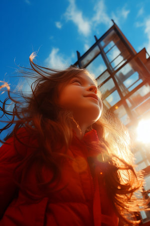 A girl stands outdoors wearing a red jacket and looks up at the sky in contemplation.の素材