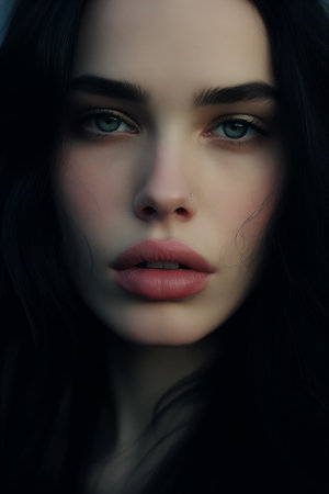 A woman with striking blue eyes and long, black hair.の素材