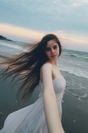 A woman in a white dress takes a stroll along the serene beach.の素材