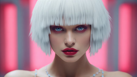 A woman with distinct white hair and striking blue eyes.の素材