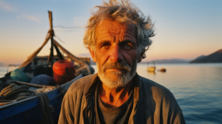 A man stands in front of a boat on the water, enjoying a day out on the open sea.の素材