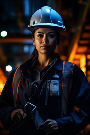 A woman wearing a hard hat stands inside a factory.の素材
