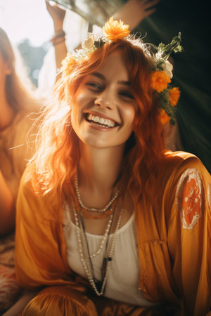 A woman with red hair wearing a flower in her hair, posing against a neutral background.の素材