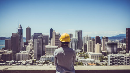 A man wearing a yellow hard hat scans the urban landscape from a vantage point.の素材