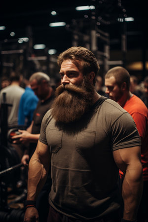 a man in the gym with a bodybuilding outfit and a beard.の素材
