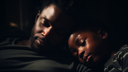 a man and child snuggling in bed at night.の素材