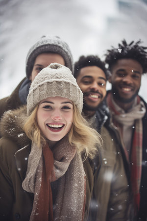 Group of happy multiracial friends on the street in a snowy weather.の素材