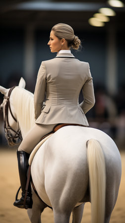 A female person in a dressage suit on a white horse.の素材