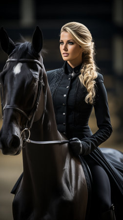 jockey woman poses with her horse.の素材