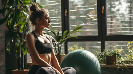 Young woman doing sports with pilates ballの素材