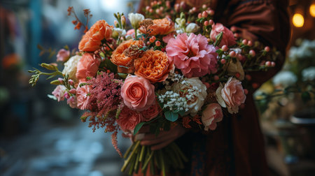 Florist woman holding a flower bouquet prepared for Valentine's dayの素材