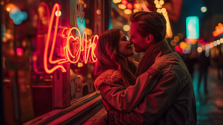 Couple hugging each other in front of a shop with love written in neon lightsの素材