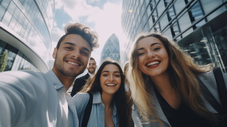 Group of friends pose happily on a city street with plazas. Generative AI.の素材