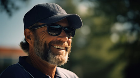 Middle-aged man with glasses and hat. Generative AI.の素材