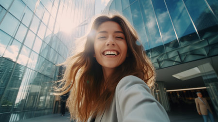 Happy young woman poses in front of the plaza. Generative AI.の素材