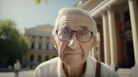Elderly librarian man in front of library. Generative AI.の素材