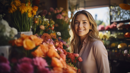 Photo of florist woman among flowers in shop. Generative AI.の素材