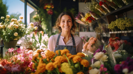 Photo of florist woman among flowers in shop. Generative AI.の素材