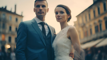 Young couple posing hugging in front of a historical building. Generative AI.の素材