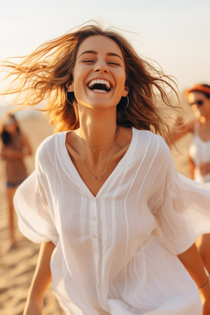 Woman posing happily in her long dress on the beach at sunset in summer.の素材