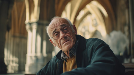 Old man sitting in front of church. Generative AI.の素材