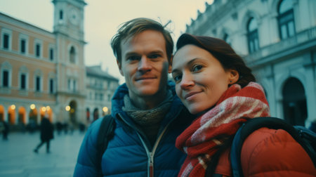 Young couple posing hugging in front of a historical building. Generative AI.の素材