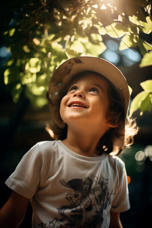 Happy little boy wearing a hat. Generative AI.の素材