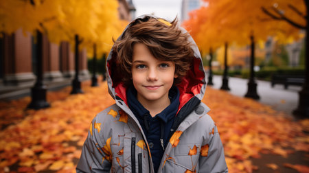 A little boy in the park on an autumn day. Generative AI.の素材