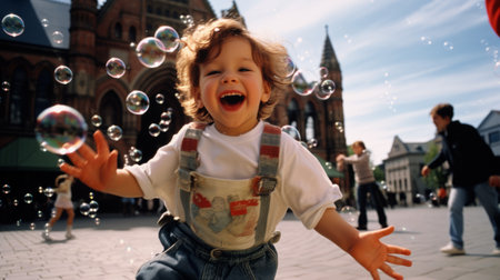 Little boy running happily among bubbles. Generative AI.の素材