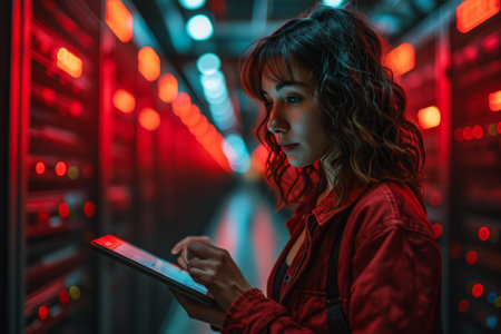 Female IT specialist using tablet in server roomの素材