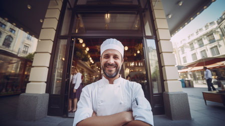 Chef standing on the street in front of a restaurant. Generative AI.の素材