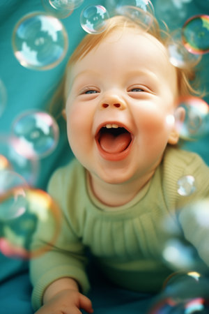 A happy baby with down syndrome among soap balloons.の素材