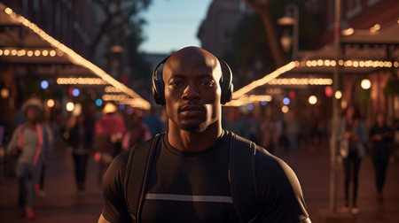 Sporty african american man running on the street.の素材