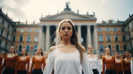 Dancer girls on a street with historical buildings. Generative AI.の素材