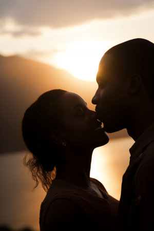 Young African American couple getting closer in front of sunset view.の素材