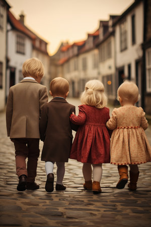 Back view photo of young children on a historic street.の素材