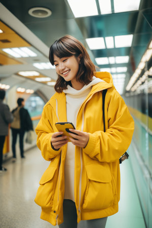 Photo of young Asian girl holding a phone in the subway explaining the importance of public transportation.の素材