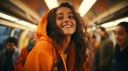 Photo of a young girl on the subway explaining the importance of public transportation.の素材