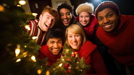 A family taking a photo in front of the Christmas tree at home. Generative AIの素材